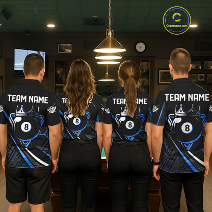 Black And Blue 8 Ball Pool Crown Billiard Shirt For Women Custom Billiard Team Jersey Polo & 1/4 Zip TDM7940