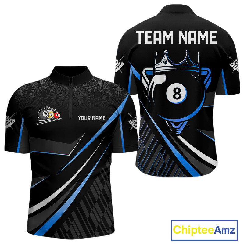 Black And Blue 8 Ball Pool Crown Billiard Shirt For Men Custom Billiard Team Jersey Polo & 1/4 Zip TDM7940
