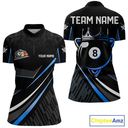 Black And Blue 8 Ball Pool Crown Billiard Shirt For Women Custom Billiard Team Jersey Polo & 1/4 Zip TDM7940