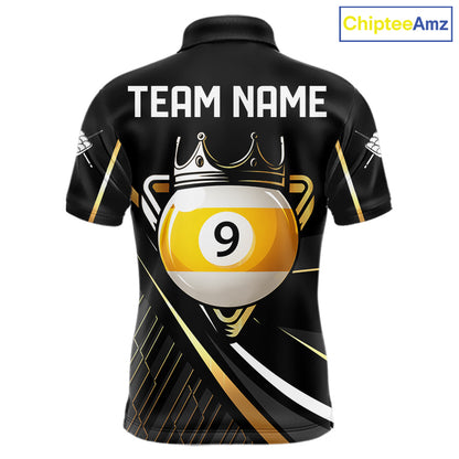 Personalized Golden 9 Ball Pool Crown Billiard Shirt For Men, Billiard Team Jersey Polo & 1/4 Zip TDM7941