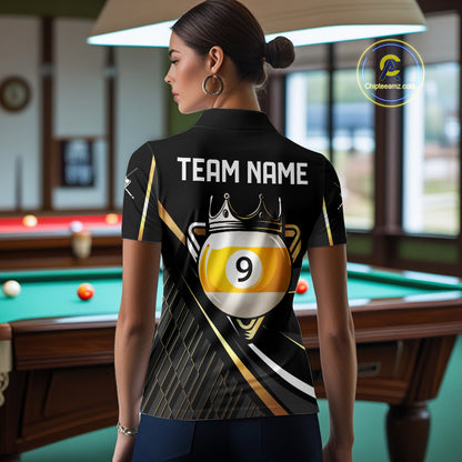 Personalized Golden 9 Ball Pool Crown Billiard Shirt For Women, Billiard Team Jersey Polo & 1/4 Zip TDM7941