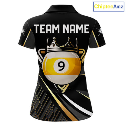 Personalized Golden 9 Ball Pool Crown Billiard Shirt For Women, Billiard Team Jersey Polo & 1/4 Zip TDM7941