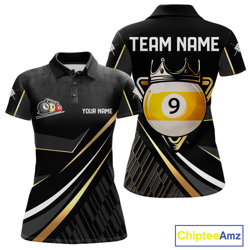 Personalized Golden 9 Ball Pool Crown Billiard Shirt For Women, Billiard Team Jersey Polo & 1/4 Zip TDM7941