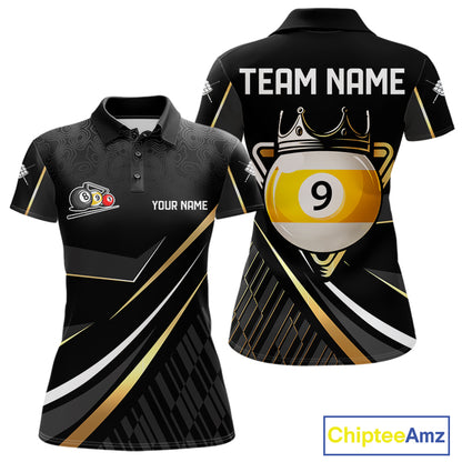 Personalized Golden 9 Ball Pool Crown Billiard Shirt For Women, Billiard Team Jersey Polo & 1/4 Zip TDM7941