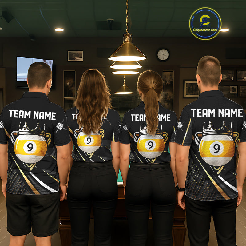 Personalized Golden 9 Ball Pool Crown Billiard Shirt For Men, Billiard Team Jersey Polo & 1/4 Zip TDM7941