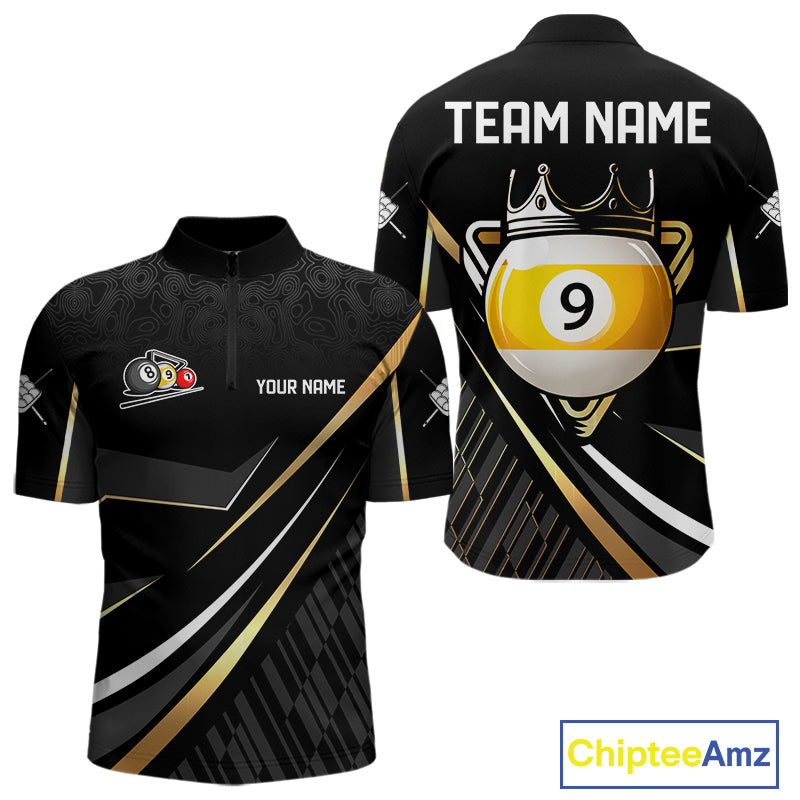 Personalized Golden 9 Ball Pool Crown Billiard Shirt For Men, Billiard Team Jersey Polo & 1/4 Zip TDM7941