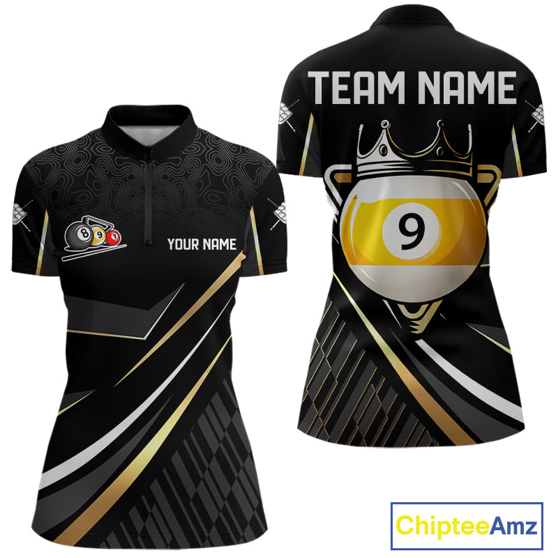 Personalized Golden 9 Ball Pool Crown Billiard Shirt For Women, Billiard Team Jersey Polo & 1/4 Zip TDM7941