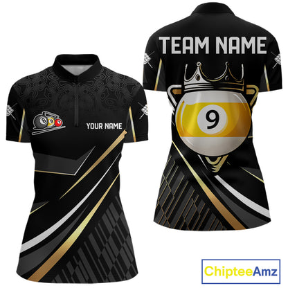 Personalized Golden 9 Ball Pool Crown Billiard Shirt For Women, Billiard Team Jersey Polo & 1/4 Zip TDM7941