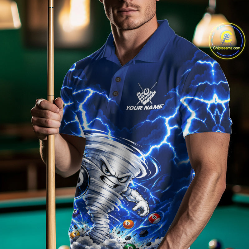 Blue Lightning Thunder Funny Tornado 8 Ball Billiard Pool Shirts For Men Custom Pool Team Jersey TDM7946