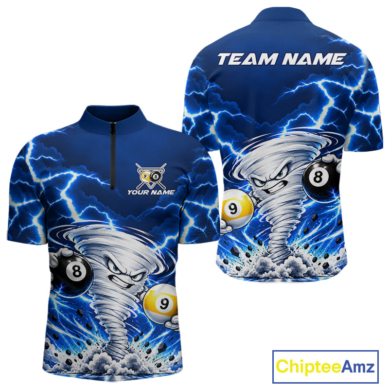 Blue Lightning Thunder Funny Tornado Billiard Shirts For Men Custom 8 Ball 9 Ball Pool Team Jersey TDM7947