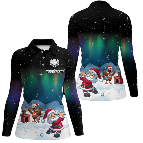 Funny Turkey And Santa Playing Golf Custom Women Golf Polo Shirts, Golfing Gifts For Christmas TDM3038