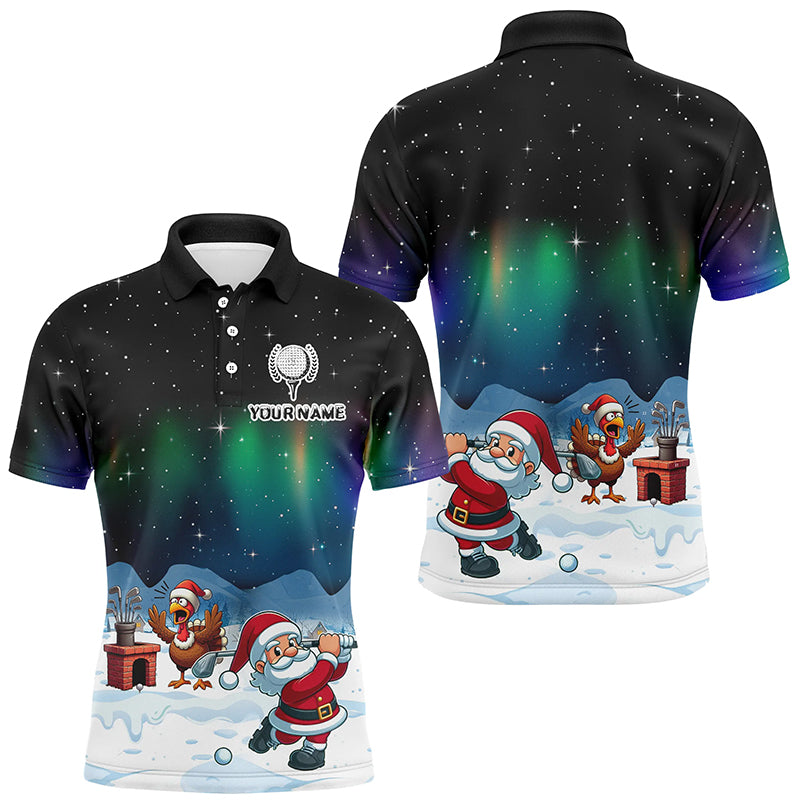 Funny Turkey And Santa Playing Golf Custom Men Golf Polo Shirts, Golfing Gifts For Christmas TDM3038