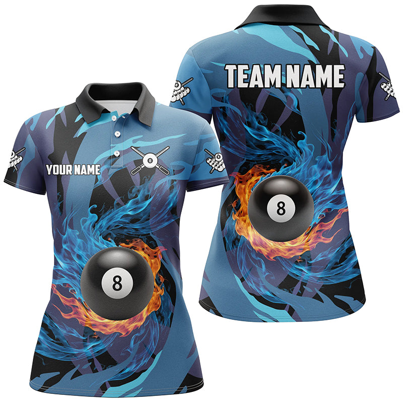 Personalized Blue Whirling 8 Ball Pool Flame Women Billiard Shirts, Billiard Jerseys 8 Ball Costume TDM3041