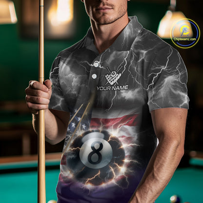 Black Purple American Flag Thunder Lightning 8 Ball Billiard Shirt For Men Custom Pool Team Jersey TDM5267