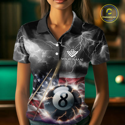 Black Purple American Flag Thunder Lightning 8 Ball Billiard Shirt For Women Custom Pool Team Jersey TDM5267