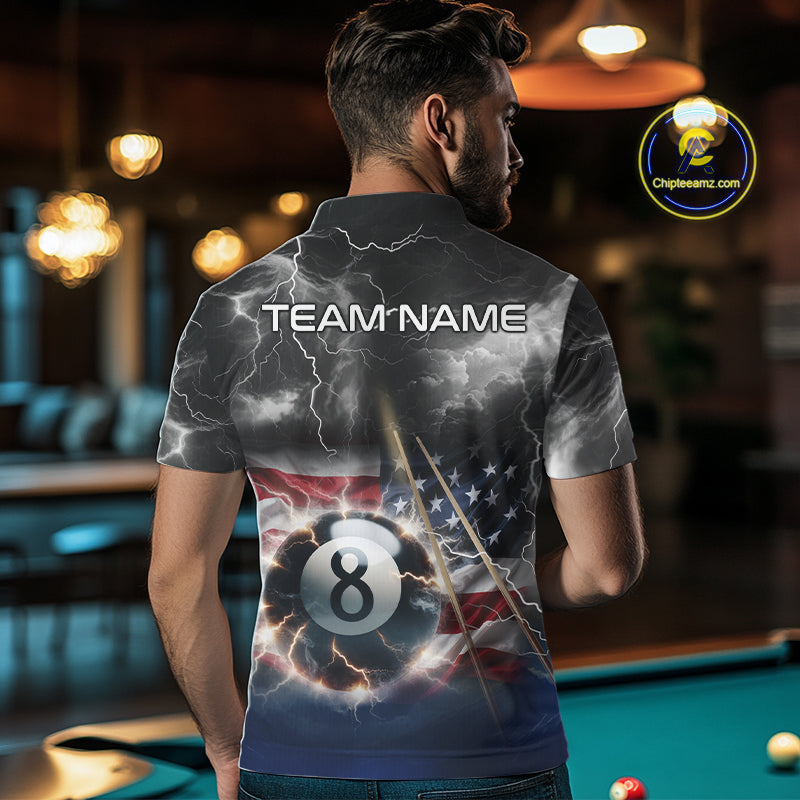 Black Blue American Flag Thunder Lightning 8 Ball Billiard Shirt For Men Custom Pool Team Jersey TDM5268