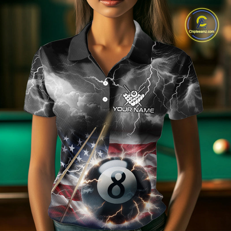 Black Blue American Flag Thunder Lightning 8 Ball Billiard Shirt For Women Custom Pool Team Jersey TDM5268