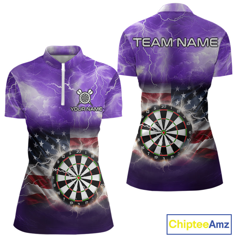 Purple American Flag Thunder Lightning Darts Shirt For Women Custom Darts Jersey Team Polo & 1/4 Zip TDM5269