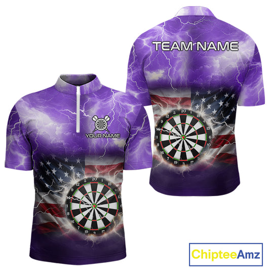 Purple American Flag Thunder Lightning Darts Shirt For Men Custom Darts Jersey Team Polo & 1/4 Zip TDM5269