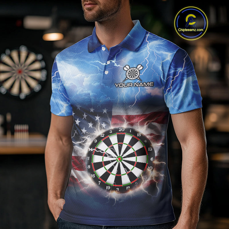Blue American Flag Thunder Lightning Darts Shirt For Men Custom Darts Jersey Team Polo & 1/4 Zip TDM5270