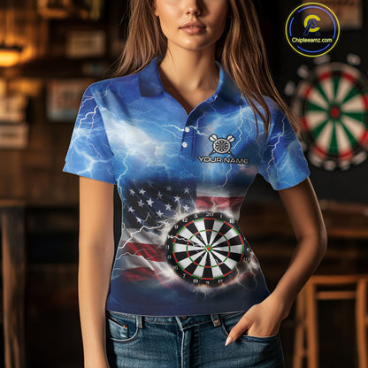 Blue American Flag Thunder Lightning Darts Shirt For Women Custom Darts Jersey Team Polo & 1/4 Zip TDM5270