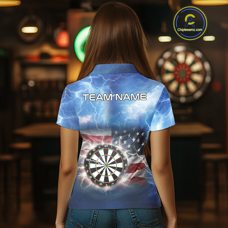 Blue American Flag Thunder Lightning Darts Shirt For Women Custom Darts Jersey Team Polo & 1/4 Zip TDM5270