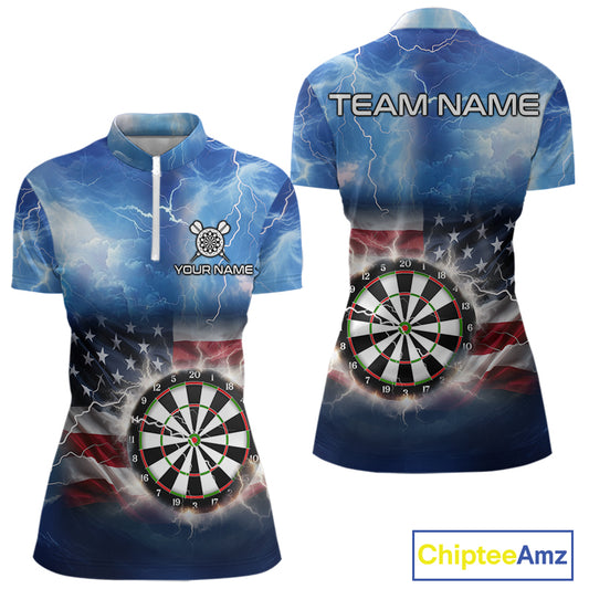 Blue American Flag Thunder Lightning Darts Shirt For Women Custom Darts Jersey Team Polo & 1/4 Zip TDM5270