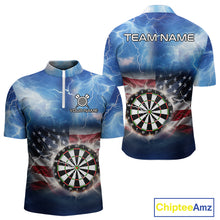 Load image into Gallery viewer, Blue American Flag Thunder Lightning Darts Shirt For Men Custom Darts Jersey Team Polo &amp; 1/4 Zip TDM5270