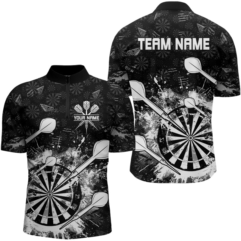Black White Grunge Darts Polo And Quarter Zip For Men Custom Dart Shirts For Team Dart Jerseys TDM3277