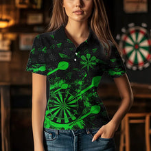 Load image into Gallery viewer, Black And Green Grunge Darts Polo, Quarter Zip For Women Custom Dart Shirts For Team Dart Jerseys TDM3464