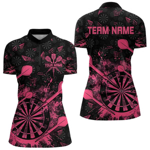 Black And Pink Grunge Darts Polo, Quarter Zip For Women Custom Dart Shirts For Team Dart Jerseys TDM3465