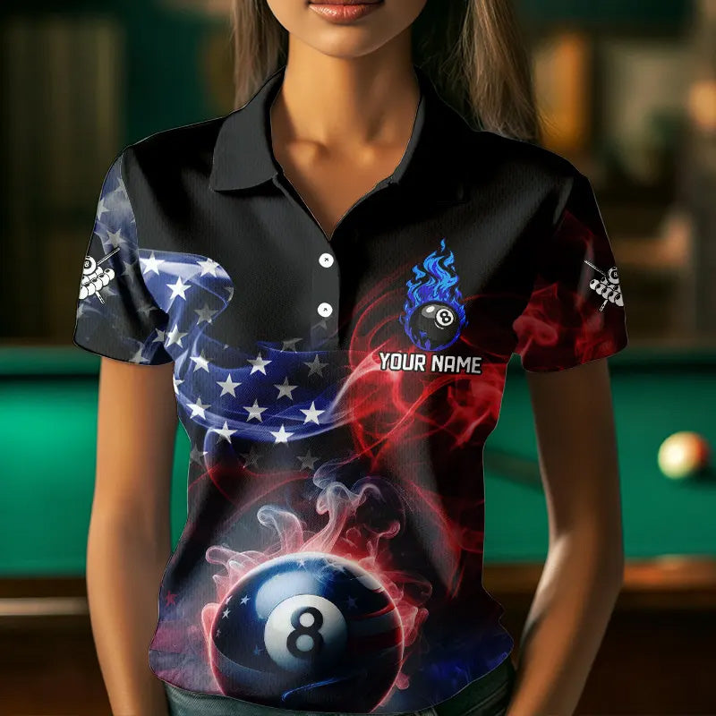 Custom American Flag Smoke 8 Ball Pool Billiard Polo & 1/4 Zip For Women, Patriotic Billiard Jerseys TDM3470