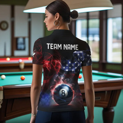 Custom American Flag Smoke 8 Ball Pool Billiard Polo & 1/4 Zip For Women, Patriotic Billiard Jerseys TDM3470