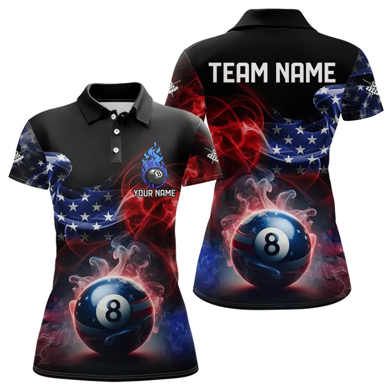 Custom American Flag Smoke 8 Ball Pool Billiard Polo & 1/4 Zip For Women, Patriotic Billiard Jerseys TDM3470