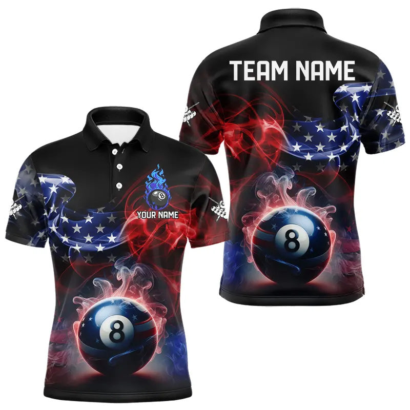 Custom American Flag Smoke 8 Ball Pool Billiard Polo & 1/4 Zip For Men, Patriotic Billiard Jerseys TDM3470