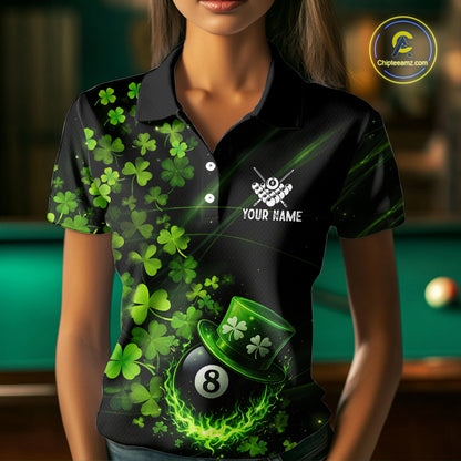 Green Luckiest Shamrock 8 Ball Billiard Shirt For Women Custom St Patrick Day Pool Team Jersey TDM5778