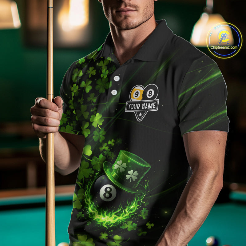 Green Luckiest Shamrock 8 & 9 Ball Billiard Shirt For Men Custom St Patrick Day Pool Team Jersey TDM5780