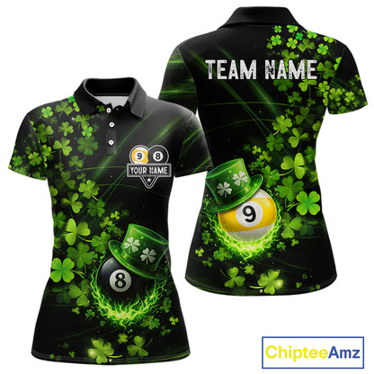 Green Luckiest Shamrock 8 & 9 Ball Billiard Shirt For Women Custom St Patrick Day Pool Team Jersey TDM5780