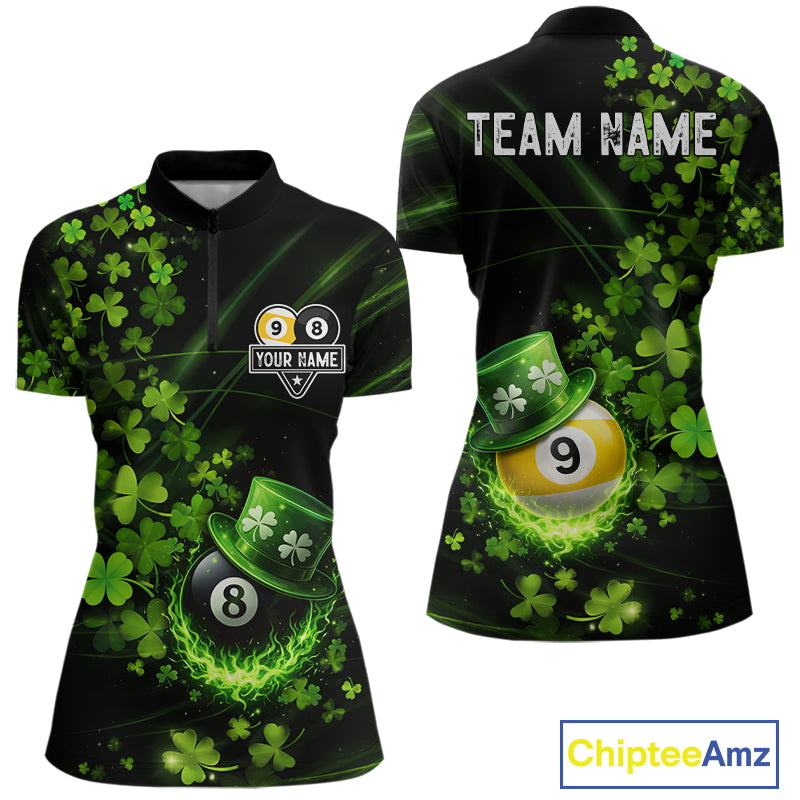 Green Luckiest Shamrock 8 & 9 Ball Billiard Shirt For Women Custom St Patrick Day Pool Team Jersey TDM5780