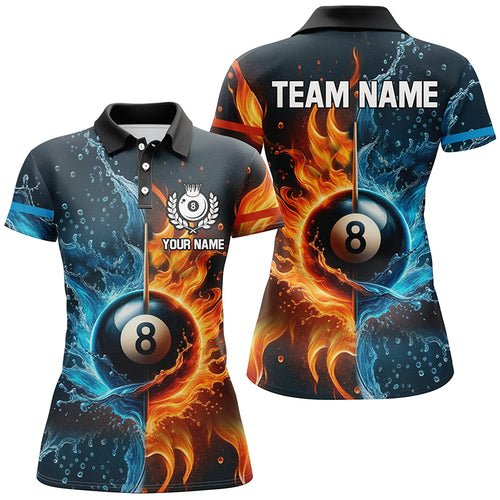 Customized Billiard Water And Fire 3D Printed Women Polo Shirts, 8 Ball Pool Billiard Attire For Team TDM1118