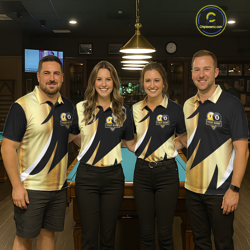 Personalized Billiard 8 Ball & 9 Ball Pool Polo, 1/4 Zip For Men Custom Team Billiard Jersey |Gold TDM6376