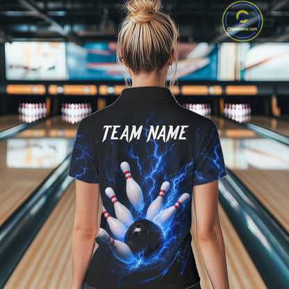 Personalized Blue Thunder Lightning Bowling Jersey For Women, Bowling League Shirts Polo & 1/4 Zip TDM6573