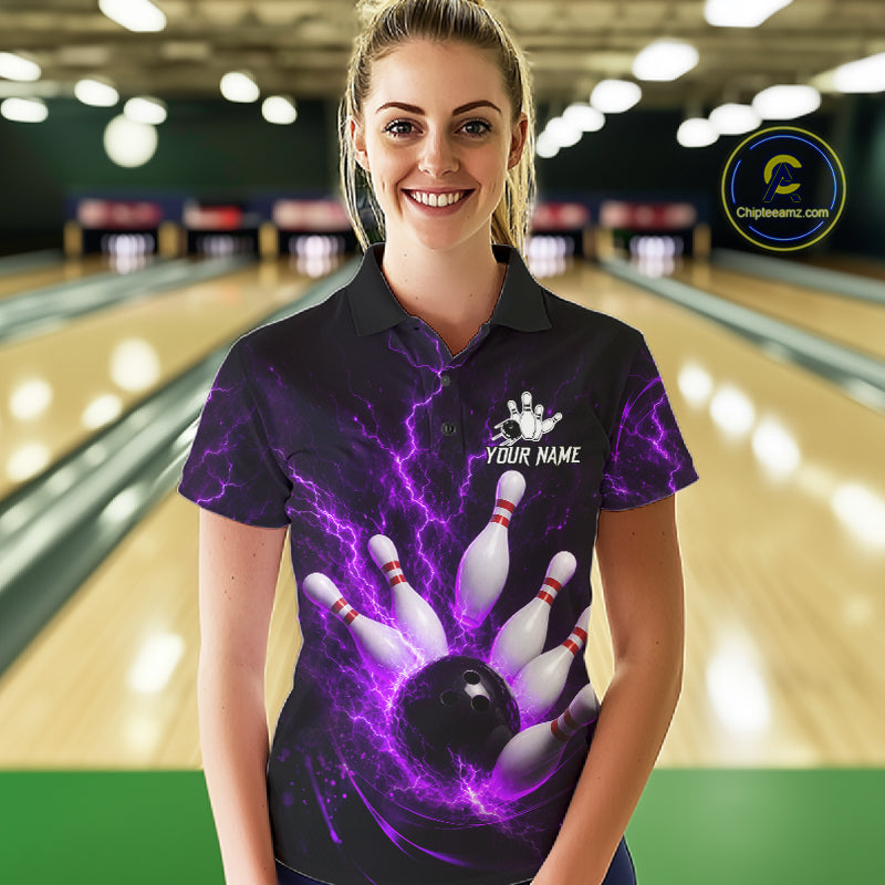 Personalized Purple Thunder Lightning Bowling Jersey For Women, Bowling League Shirts Polo & 1/4 Zip TDM6574