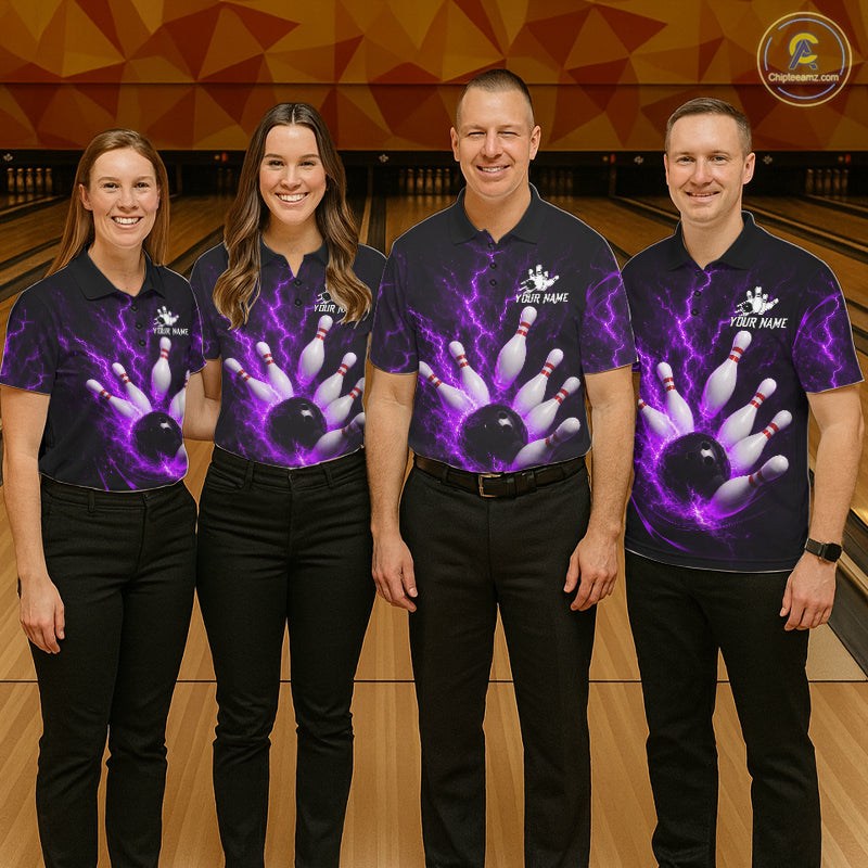 Personalized Purple Thunder Lightning Bowling Jersey For Men, Bowling League Shirts Polo & 1/4 Zip TDM6574