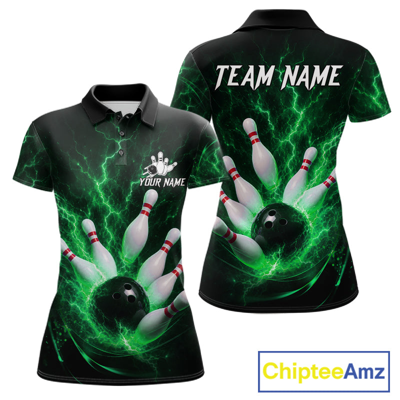 Personalized Green Thunder Lightning Bowling Jersey For Women, Bowling League Shirts Polo & 1/4 Zip TDM6575