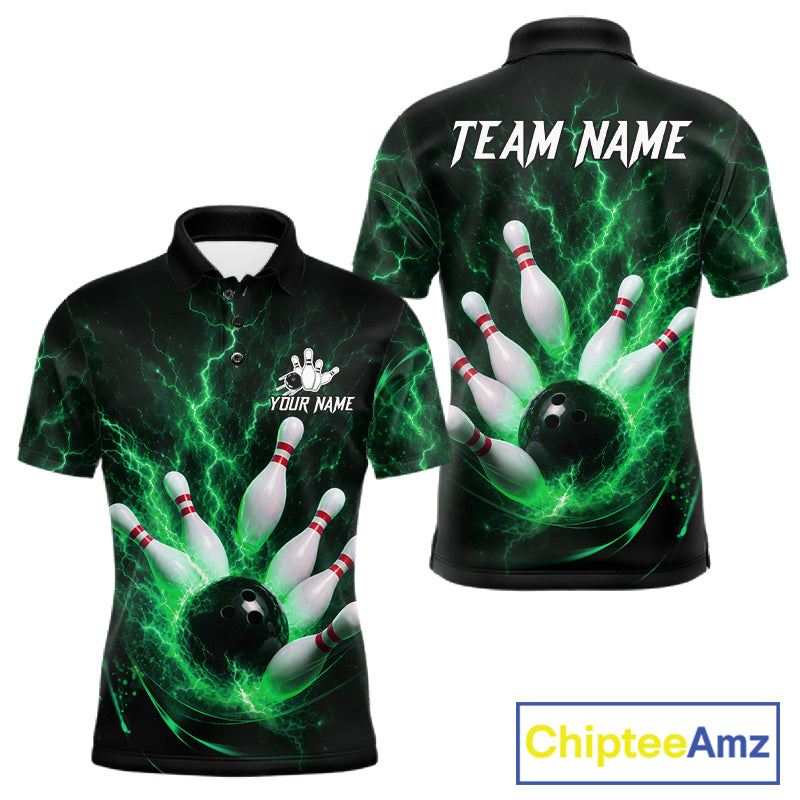 Personalized Green Thunder Lightning Bowling Jersey For Men, Bowling League Shirts Polo & 1/4 Zip TDM6575