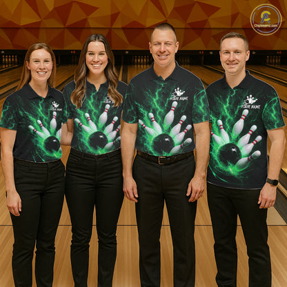 Personalized Green Thunder Lightning Bowling Jersey For Men, Bowling League Shirts Polo & 1/4 Zip TDM6575