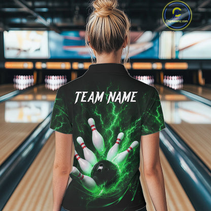 Personalized Green Thunder Lightning Bowling Jersey For Women, Bowling League Shirts Polo & 1/4 Zip TDM6575