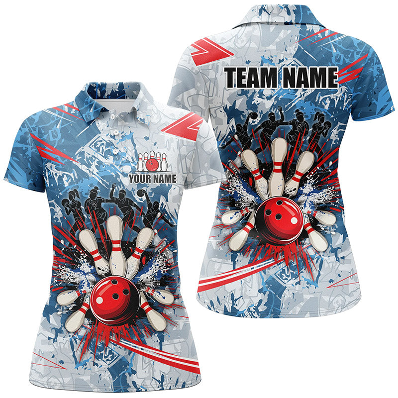 Blue camo Women Bowling Polo, Quarter Zip Shirts Custom bowling team league jerseys, gift for bowlers NQS7869