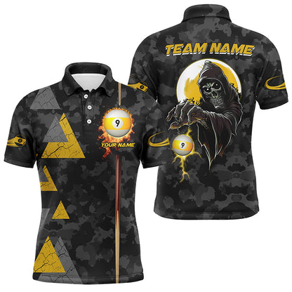 Funny Grim Reaper Ball 9 Fire Custom Camo Men Billiard Shirts, Best 9 Ball Pool Jerseys TDM2071